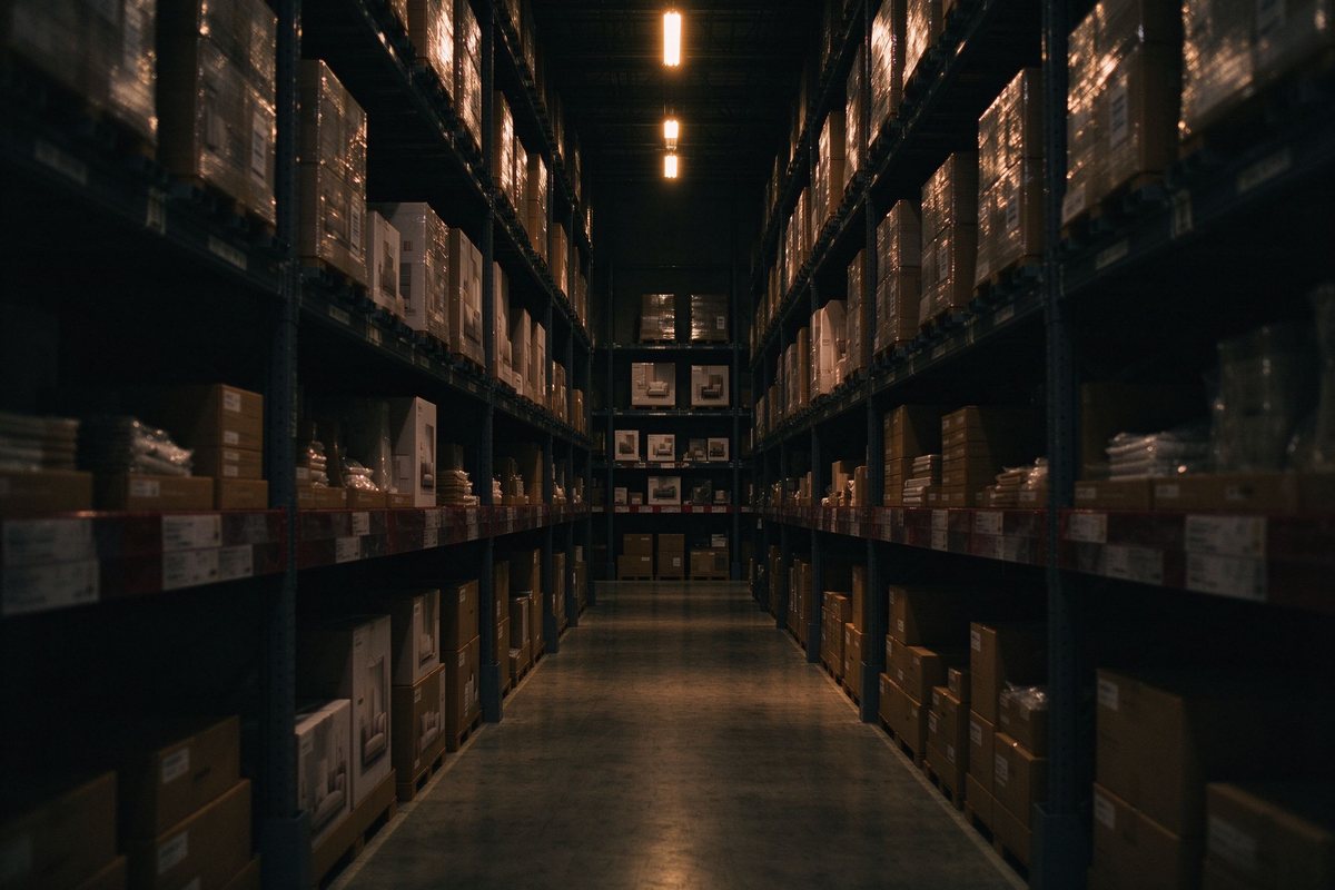 Evening warehouse aisle in Ontario, California with shelved home goods