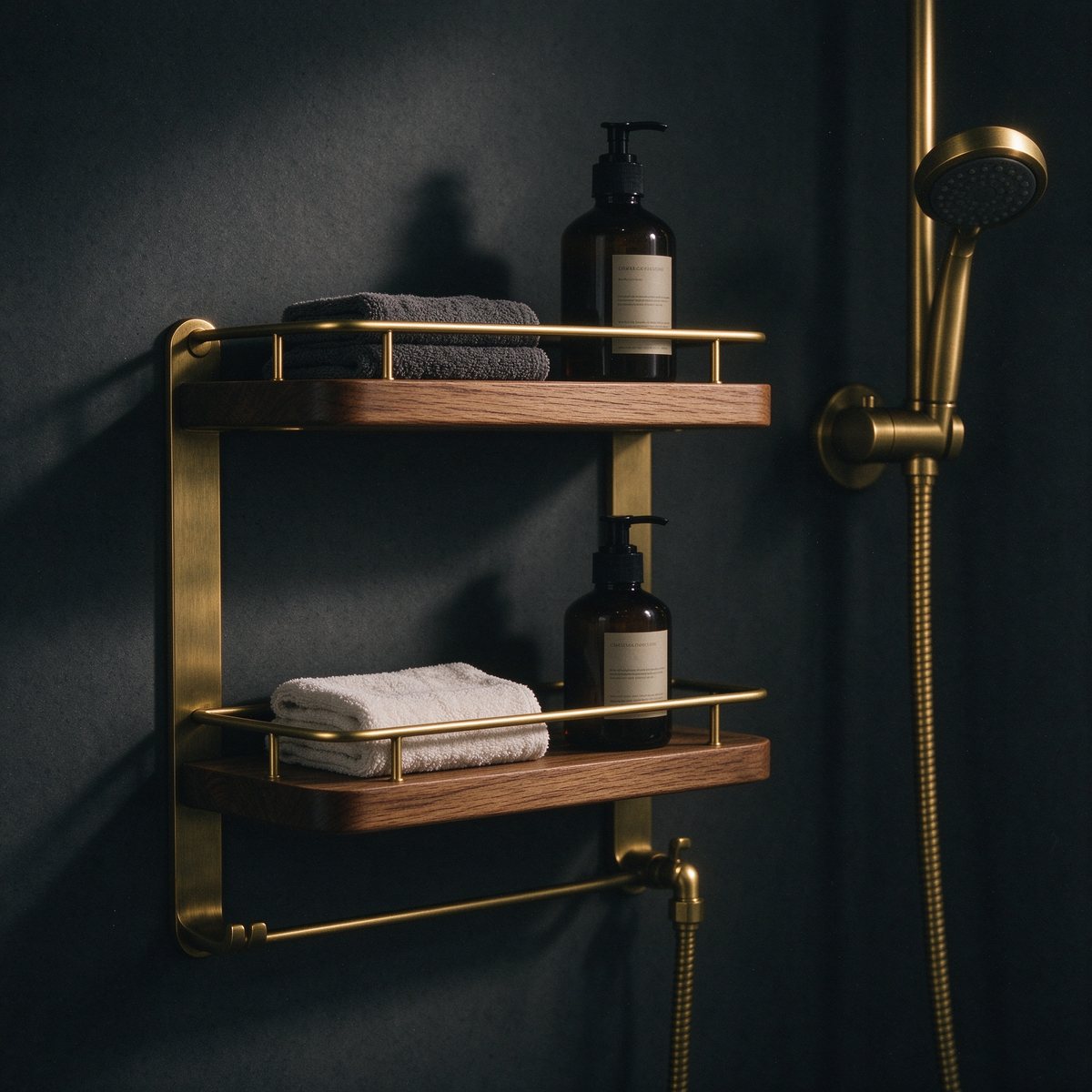 Brass & Oak Shower Shelf, oak trays on a brass frame with a hanging bar
