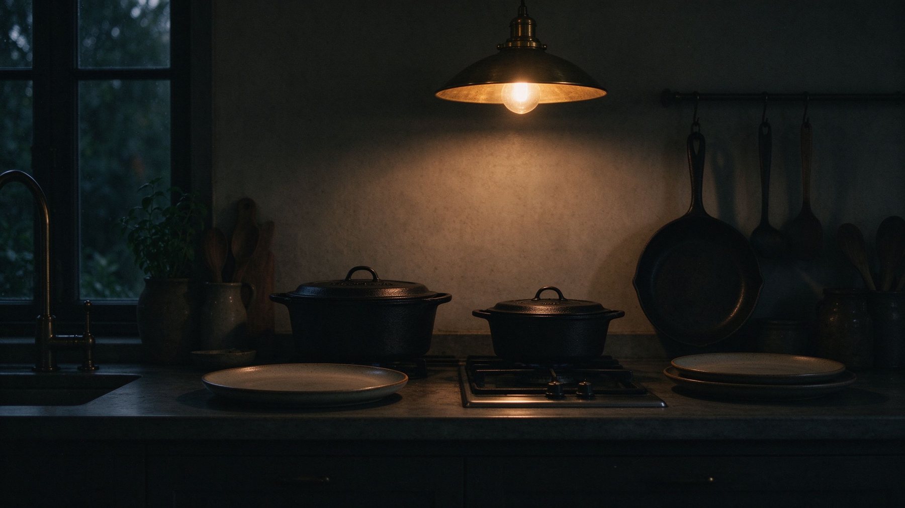 Dark kitchen counter with cast iron cookware under a warm pendant light