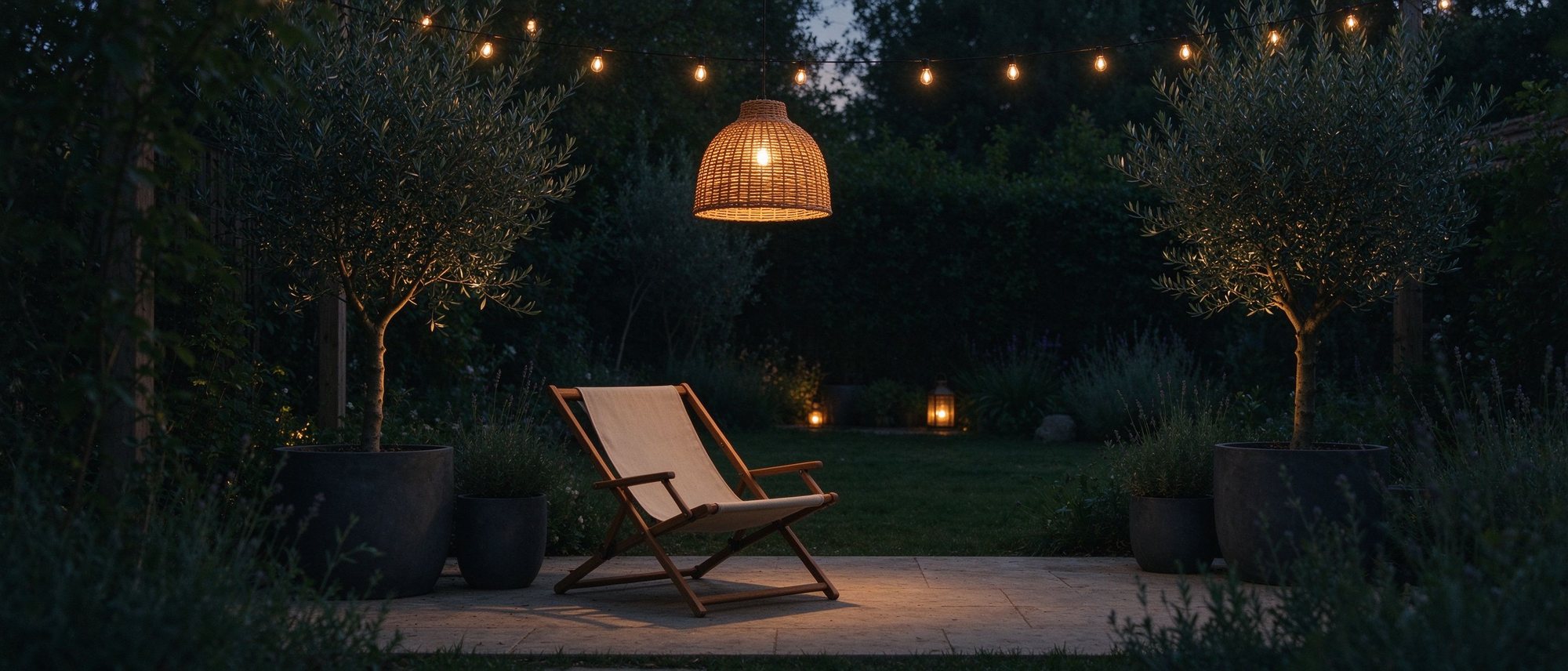 Dusk garden patio with acacia lounge chair, rattan pendant lamp and warm string lights