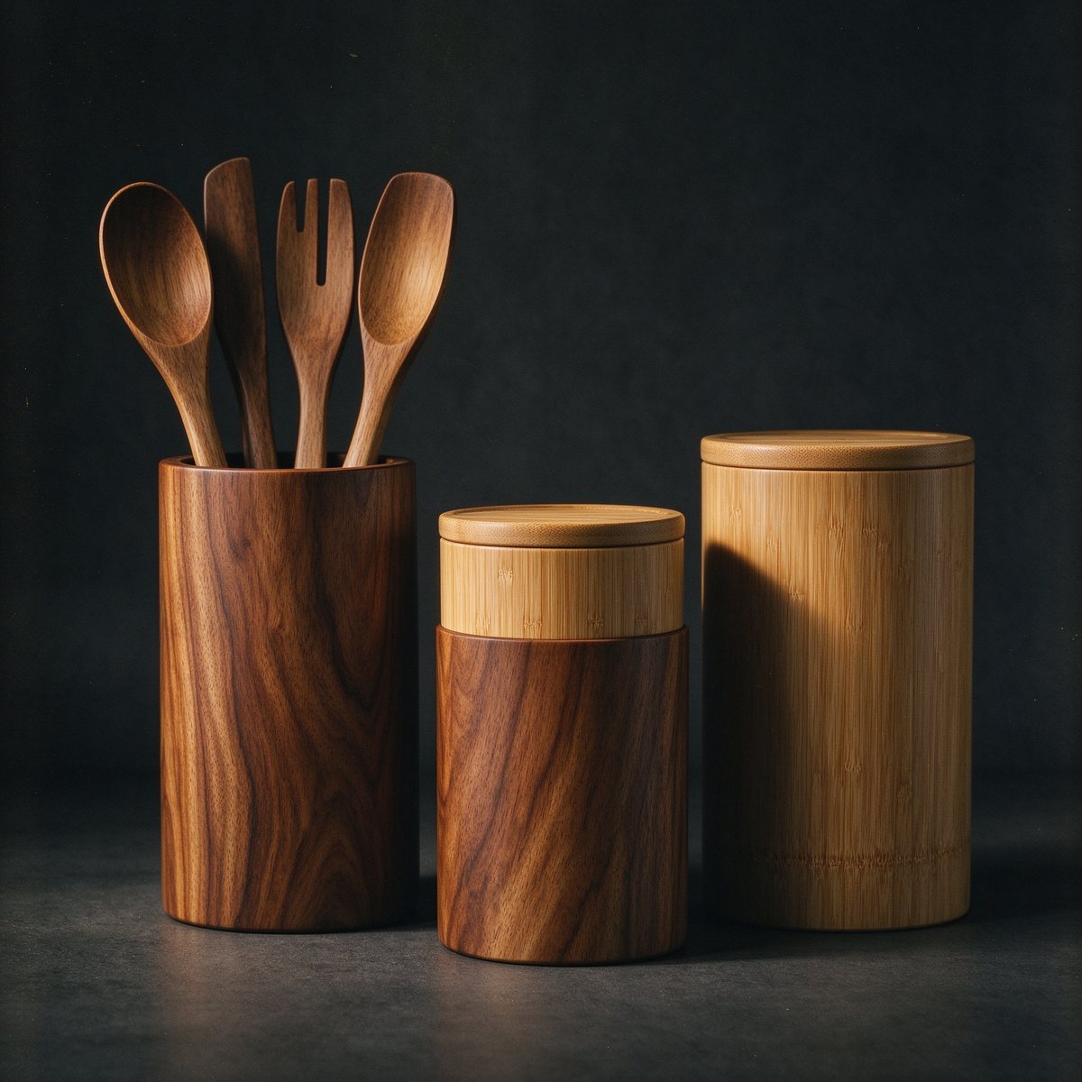 Grove Utensil Crock Set, acacia and bamboo, three graduated sizes for spoons, tongs and daily tools