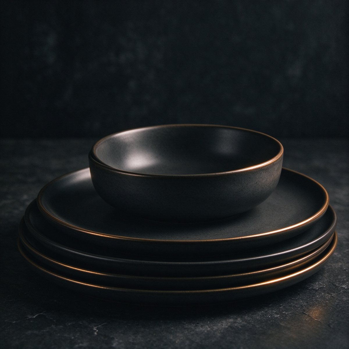 Nocturne Ceramic Dinnerware, matte charcoal ceramics with a fine brass rim