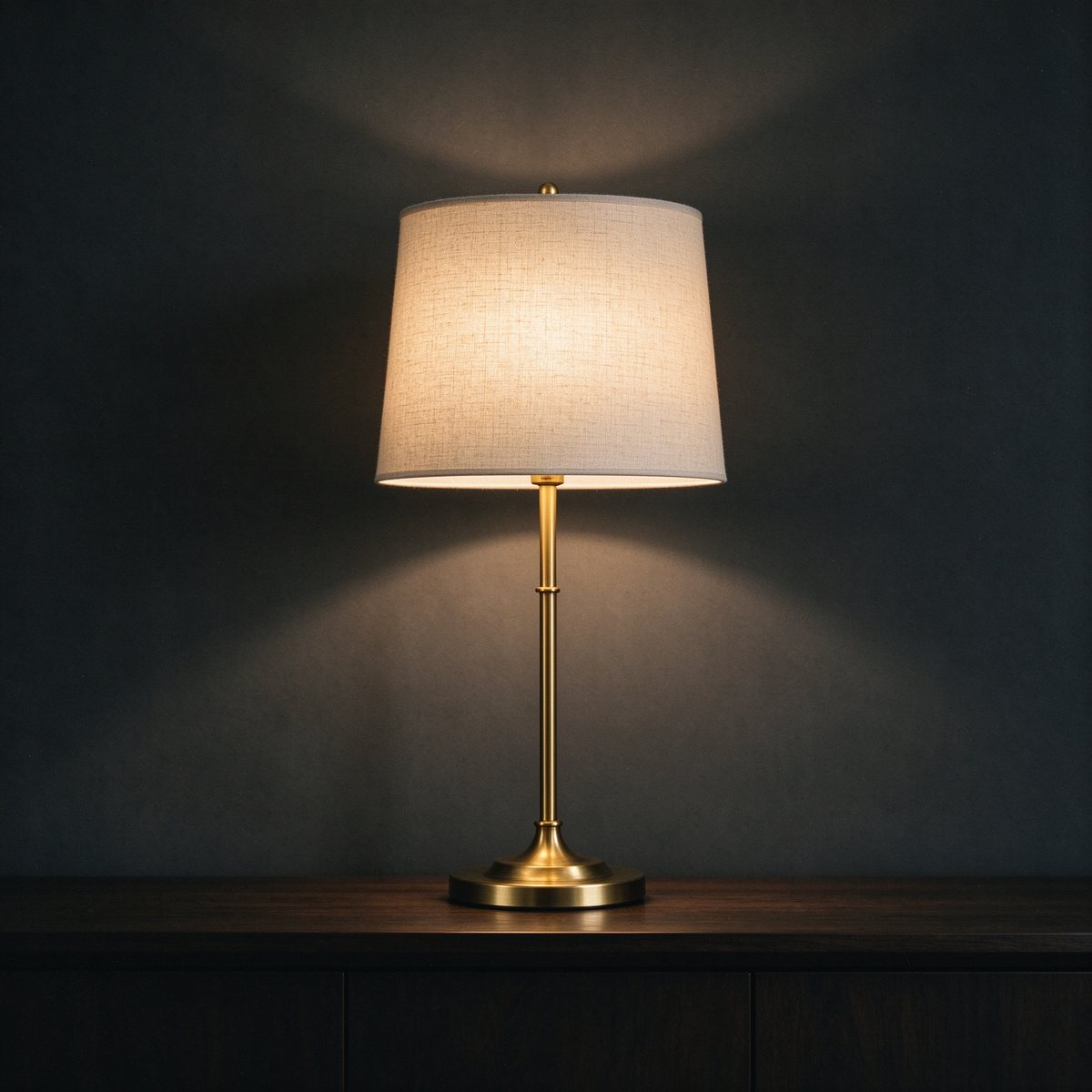 Lineage Brass Table Lamp, solid brass base and stem, oatmeal linen shade, warm 2700k glow