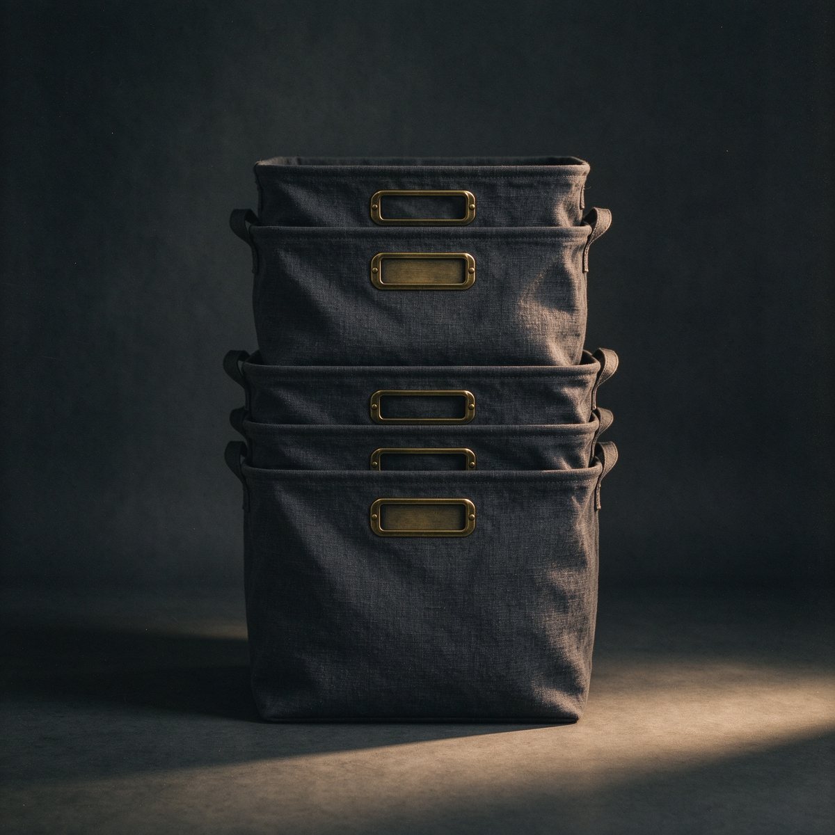 Stacks Linen Bin, charcoal linen over a sturdy frame, brass label frames, stacks cleanly in closets