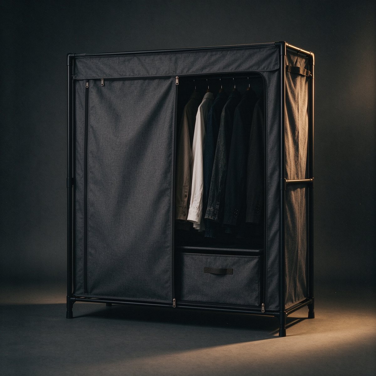Wardrobe Canvas Organizer, canvas over a black steel frame with drawers and a hanging rail