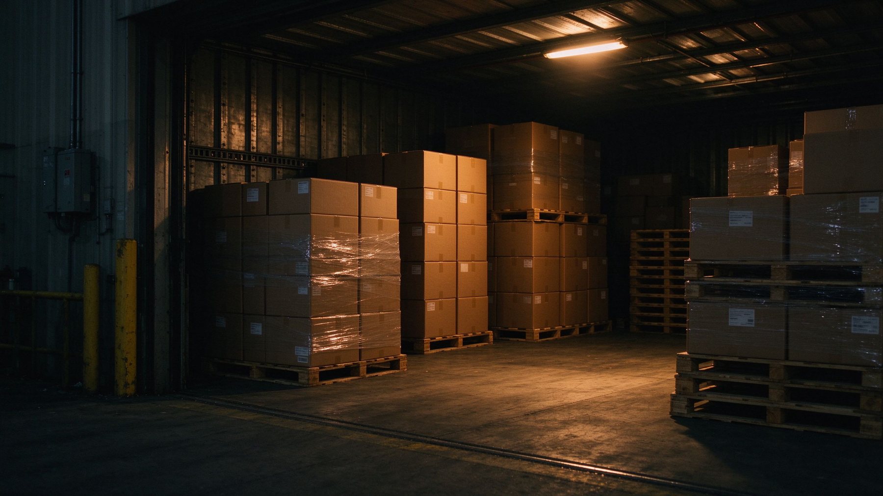 Evening shipping dock with stacked boxes and pallets